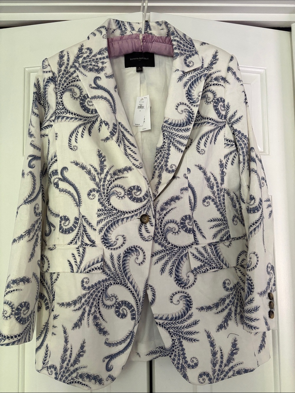 NWT Banana Republic White Blazer with Blue Botanical/Paisley Print